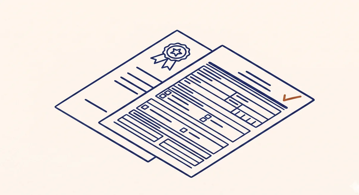 Ilustración editorial del formulario I-130 con sello de certificación y marca de revisión en naranja.